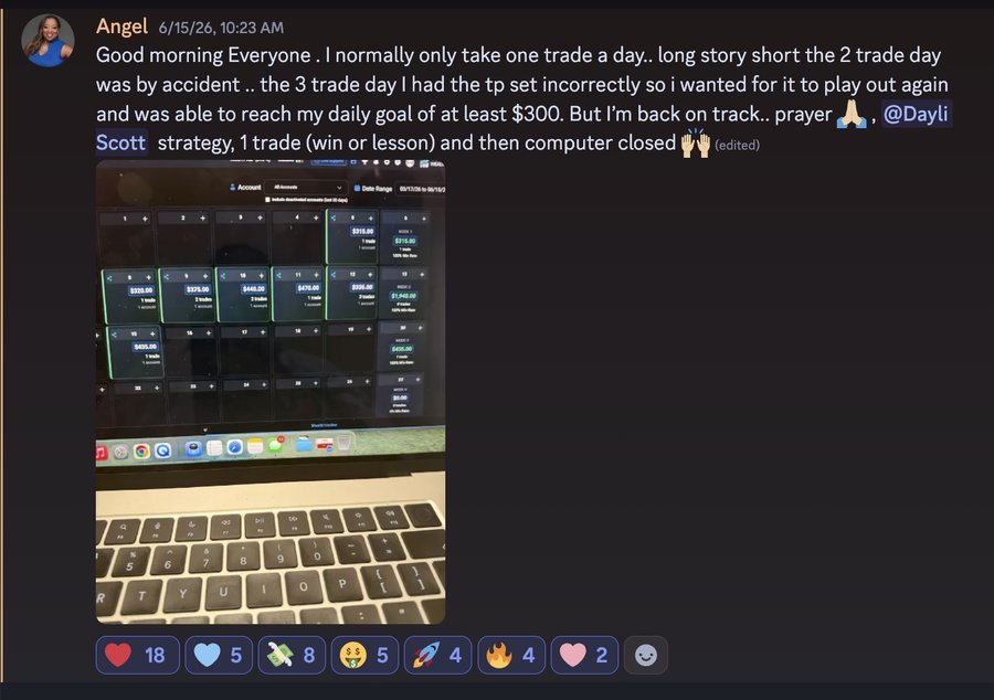 Discord member Angel sharing her trading calendar of consistent daily wins