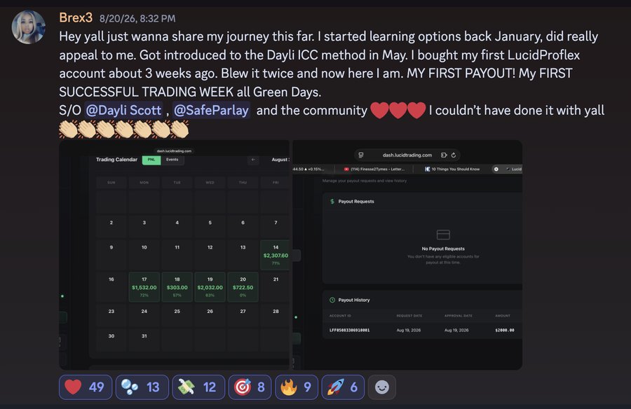 Discord member Brex3 sharing their first payout after learning the Dayli ICC method